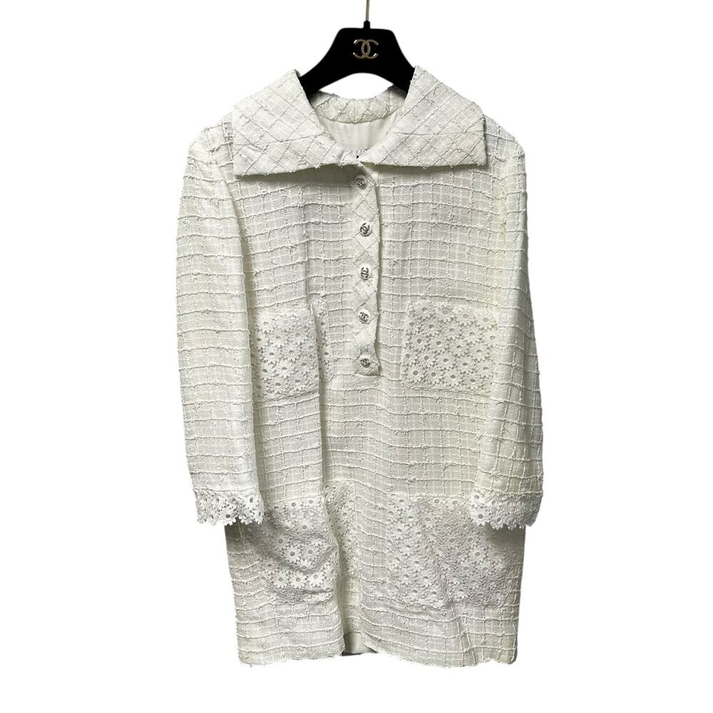 CHANEL White Tweed Mini Dress with Lace Trim